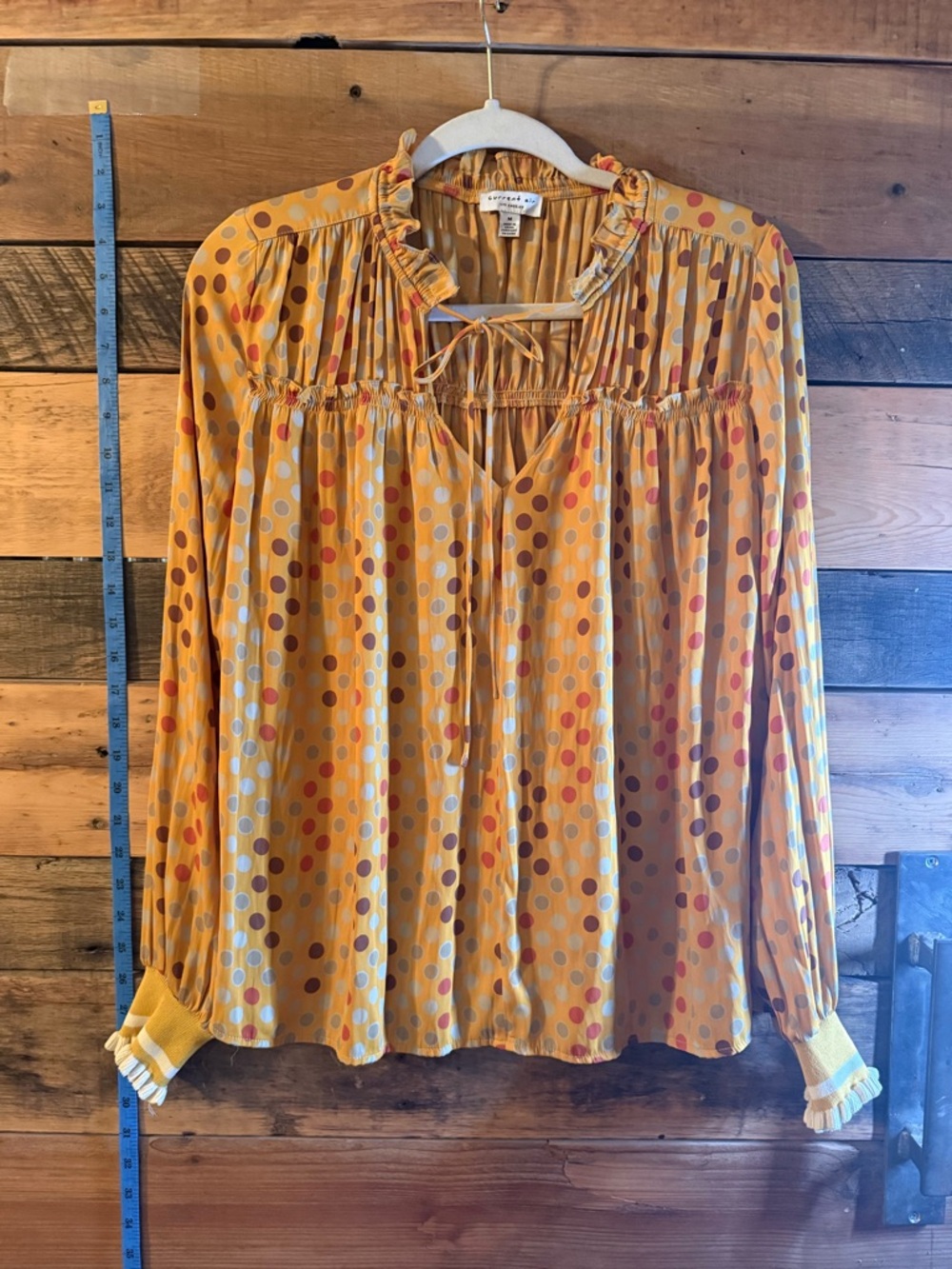 Current Air Polka Dot Blouse Mustard Yellow Ruffle Neck Tie Front Boho Top